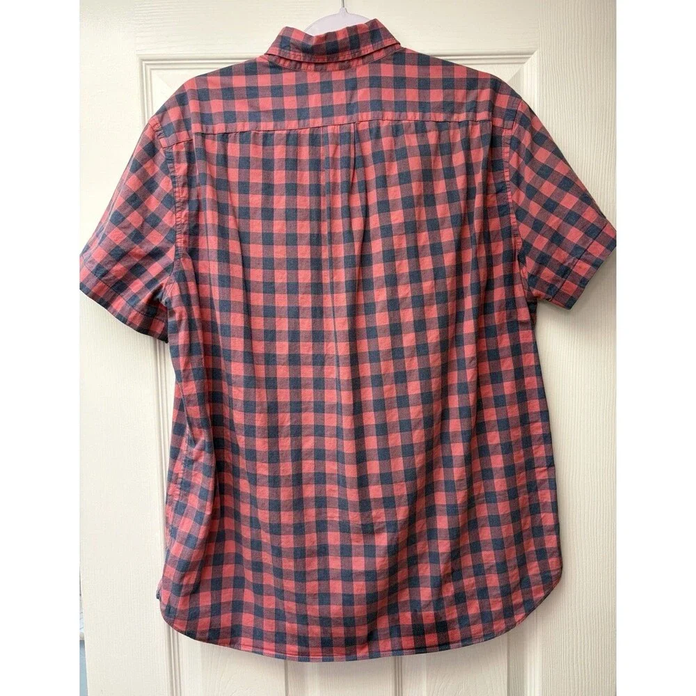 J.Crew Mens Cotton Short Sleeve Buffalo Check Shirt Red Blue Large Slim Stretch